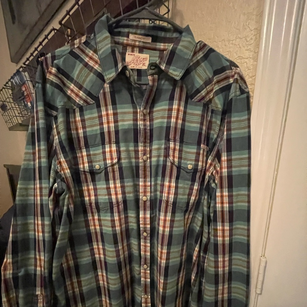 Lucky Brand Men's Green and Brown Plaid Shirt